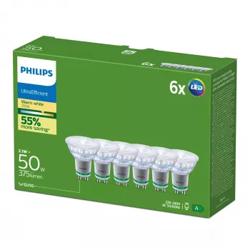 Philips Ultra Efficient LED-lamp GU10, 2,1 W (equivalent van 50 W), 2700 K, 36 graden, 6-pack