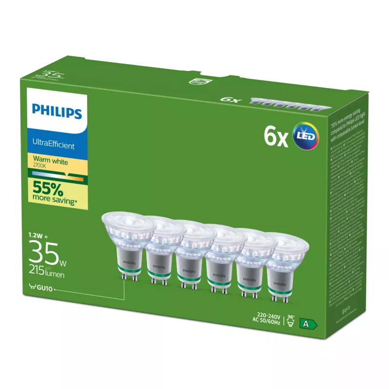 Philips Ultra Efficient LED-lamp GU10, equivalent van 35 W, 2700 K, 36 graden, 6-pack