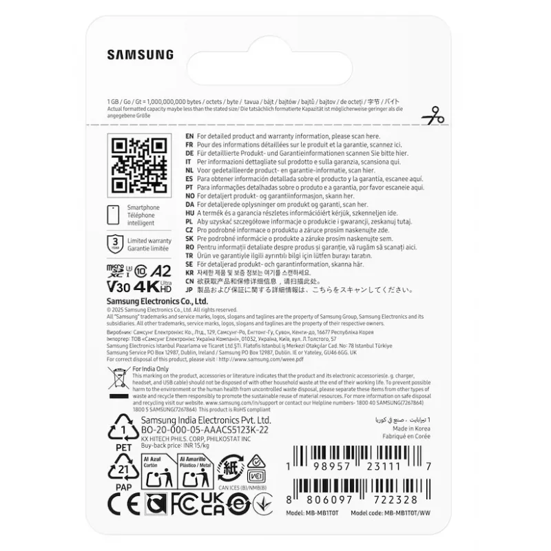 Samsung T7 microSD-kaart, 1 TB, MicroSDXC, UHS-I, 170 MB/s, klasse 3 (U3), V30