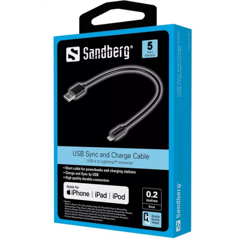 SANDBERG Lightning-adapter - USB mannelijk naar Lightning mannelijk - 20 cm - zwart - voor Apple iPad/iPhone/iPod (Lightning)