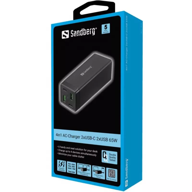 SANDBERG voeding - 65 watt - 3,25 A - PD, QC - 4 uitgangspoorten (2 x USB, 2 x USB-C)