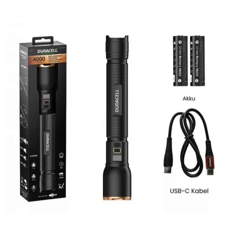 Zaklamp Duracell DF4000R zwart – oplaadbare handlamp, compact ontwerp