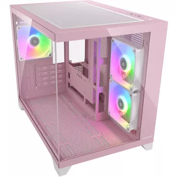 Mini-tower-pc-behuizing Cougar FV150 ARGB – roze, ondersteunt 2x 120/140 mm zijventilatoren, 1x 120 mm achter, 2,5 inch/3,5 inch HDD, 285×435×365 mm