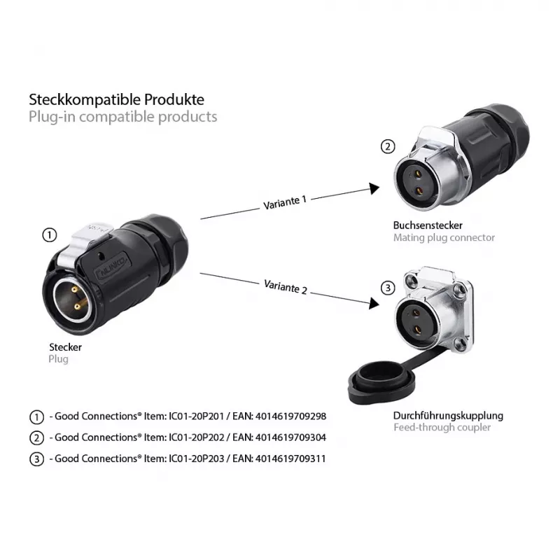 Draadstekker S1 Power 2-polig zwart Alcasa IC01-20P201