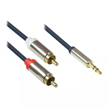 Audio-aansluitkabel High-Quality 3,5mm, jackstekker naar 2x RCA-stekker, volledig metalen behuizing, donkerblauw, 1m, Good Connections (GC-M0057)