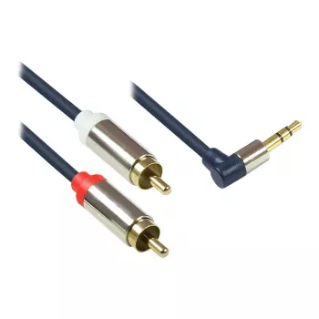 Audio-aansluitkabel High-Quality 3,5mm, jackstekker haaks rechts naar 2x RCA-stekker, volledig metalen behuizing, donkerblauw, 1,5m, Good Connections (GC-M00