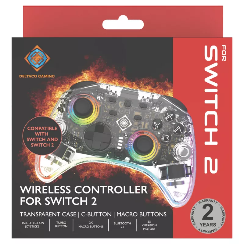 Gamepad Deltaco Gaming GAM-198-T transparant Bluetooth/USB USB-C voor Nintendo Switch, Switch 2, Switch OLED, Android, pc