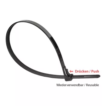 Herbruikbare kabelbinder 150 mm x 7,2 mm, zwart, UV-bestendig, -40 °C tot +85 °C, 100 stuks (KAB-R15S72)