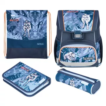 Schooltassenset HERLITZ Loop Plus TechMech voor jongens — polyester, bestaande uit schooltas, sporttas, etui, pennenzak