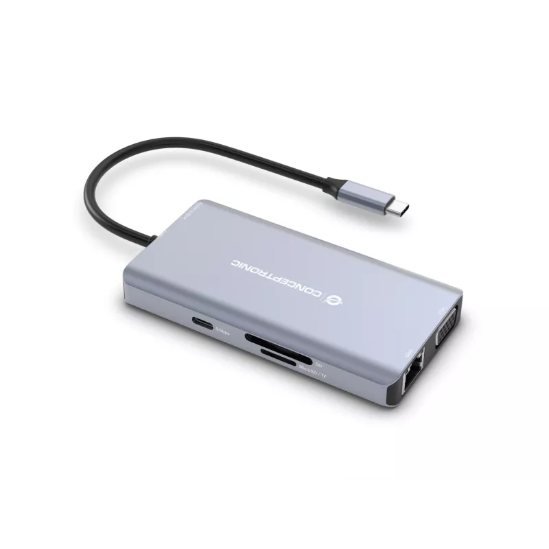 Conceptronic DONN20G 10-in-1 USB 3.2 Gen 1 dockingstation, HDMI, VGA, USB-A 5 Gbit/s, USB-C 5 Gbit/s, SD, TF/MicroSD, audio, GbE LAN, 100 W USB PD