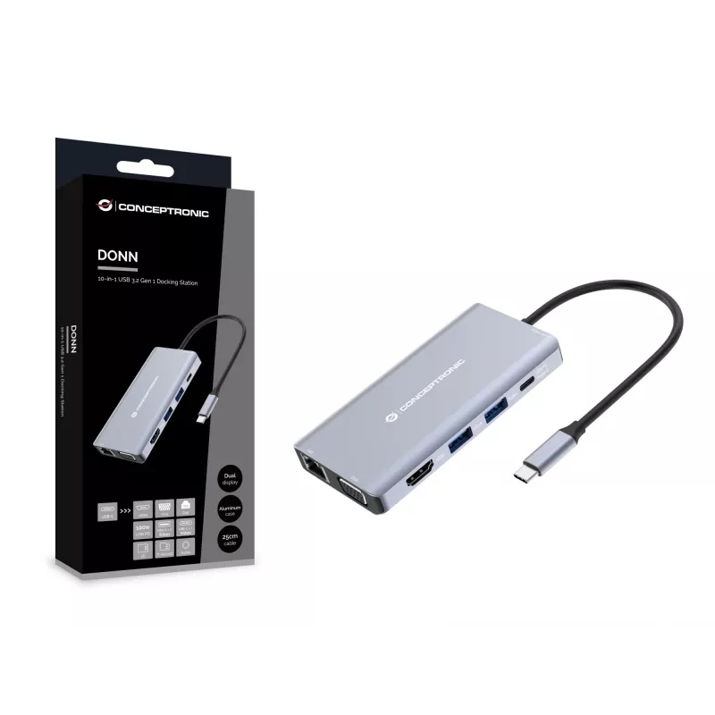 Conceptronic DONN20G 10-in-1 USB 3.2 Gen 1 dockingstation, HDMI, VGA, USB-A 5 Gbit/s, USB-C 5 Gbit/s, SD, TF/MicroSD, audio, GbE LAN, 100 W USB PD