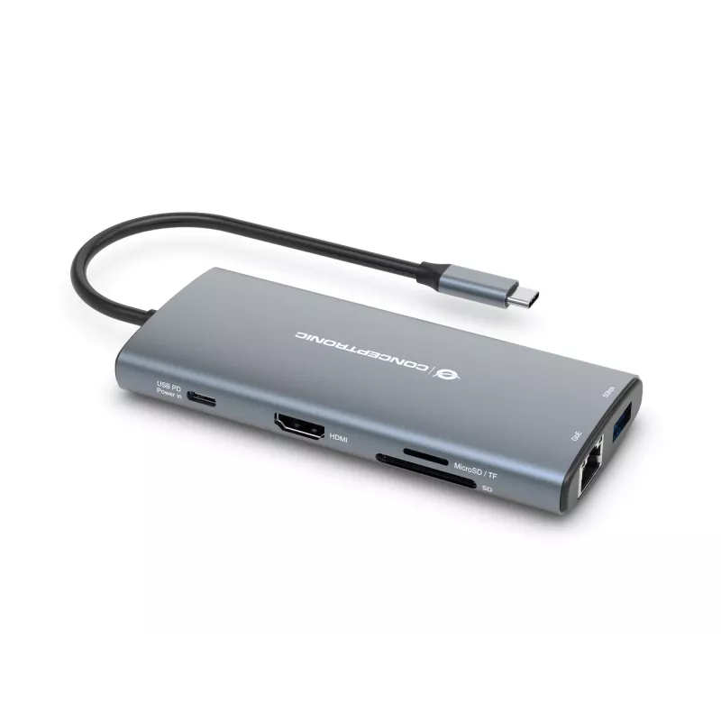 Conceptronic DONN06G 10-in-1 USB 3.2 Gen 1 dockingstation, HDMI, 100 W USB PD, USB-C 5 Gbit/s x 2, USB-A 5 Gbit/s x 3, SD, TF/MicroSD, GbE