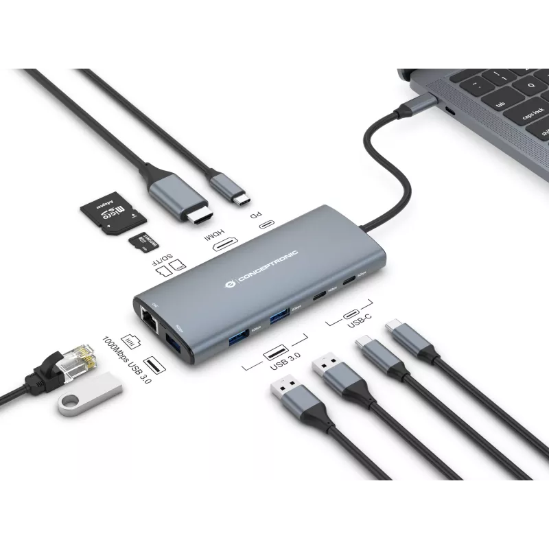 Conceptronic DONN06G 10-in-1 USB 3.2 Gen 1 dockingstation, HDMI, 100 W USB PD, USB-C 5 Gbit/s x 2, USB-A 5 Gbit/s x 3, SD, TF/MicroSD, GbE