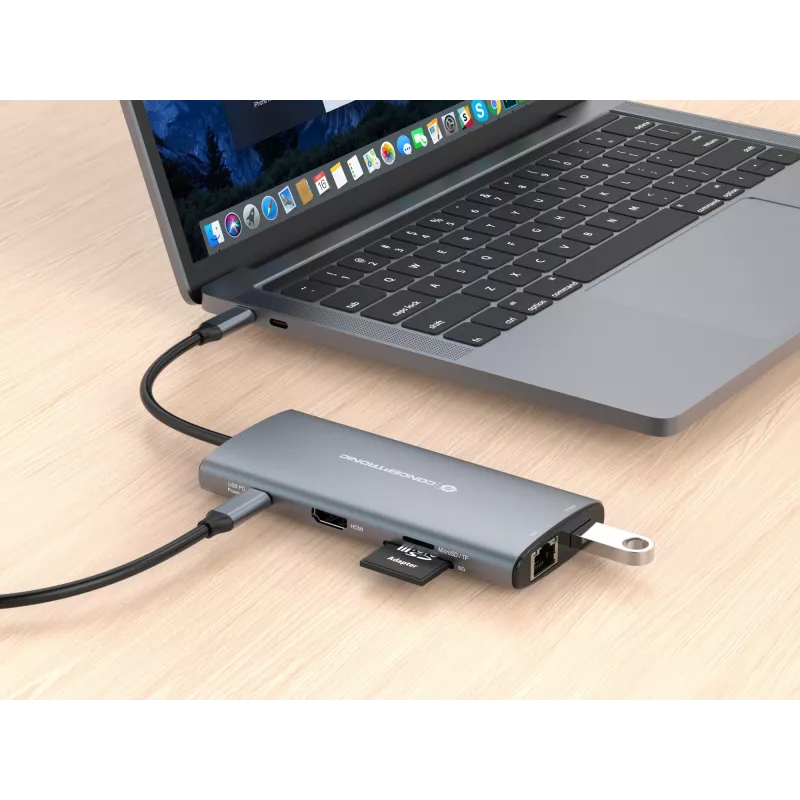 Conceptronic DONN06G 10-in-1 USB 3.2 Gen 1 dockingstation, HDMI, 100 W USB PD, USB-C 5 Gbit/s x 2, USB-A 5 Gbit/s x 3, SD, TF/MicroSD, GbE