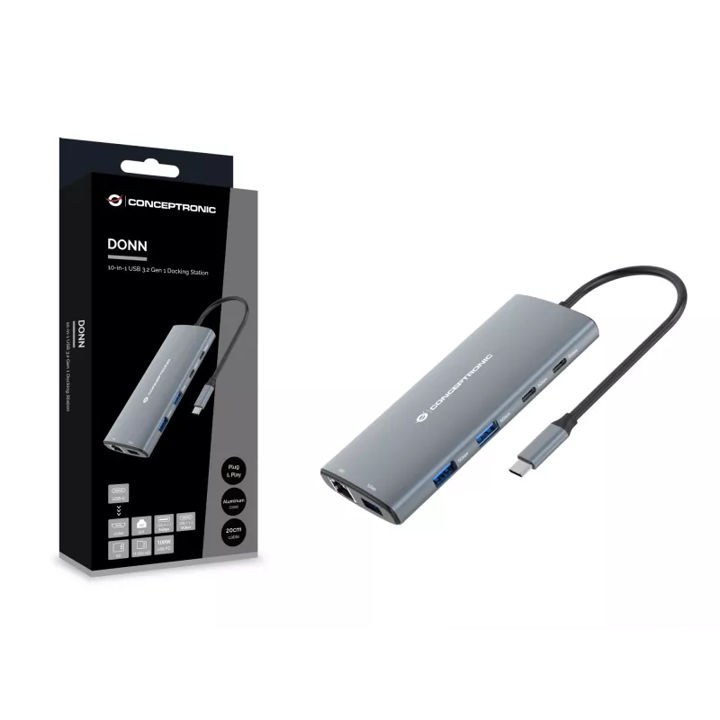 Conceptronic DONN06G 10-in-1 USB 3.2 Gen 1 dockingstation, HDMI, 100 W USB PD, USB-C 5 Gbit/s x 2, USB-A 5 Gbit/s x 3, SD, TF/MicroSD, GbE