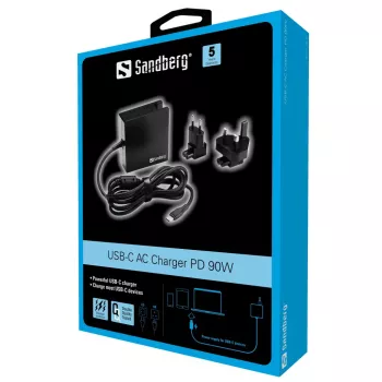 Sandberg USB-C PD AC-oplader 90W EU+UK, binnen, AC, 20,2 V, 4,5 A, 1,8 m, zwart