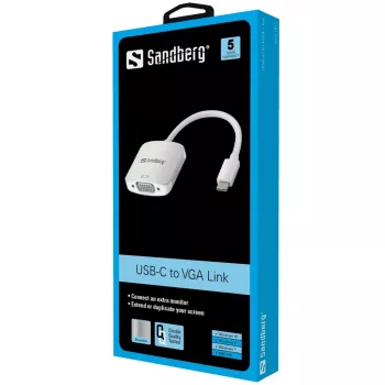 Sandberg USB-C naar VGA Link, USB Type-C, VGA (D-Sub), stekker, bus, 1920 x 1080 (HD 1080), 2048 x 1152, 1080p