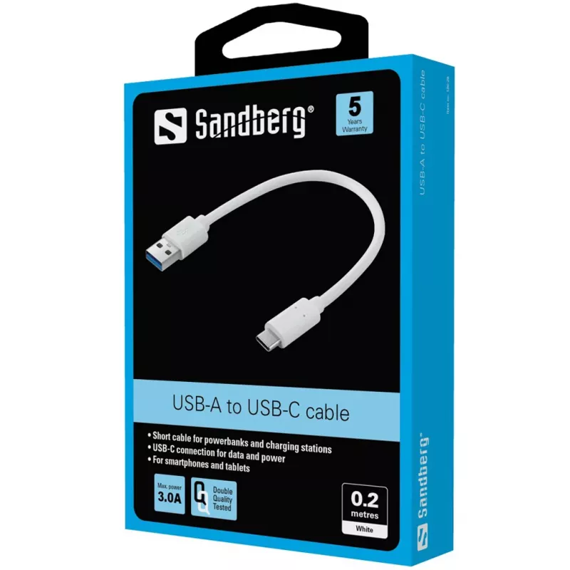 Sandberg USB-C 3.1 > USB-A 3.0 0,2 M, 0,2 m, USB C, USB A, USB 3.2 Gen 1 (3.1 Gen 1), wit