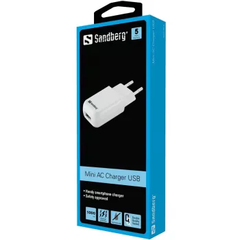 Sandberg mini AC-oplader USB 1A EU, binnen, AC, 5 V, zwart, wit