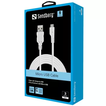 Sandberg MicroUSB sync-/oplaadkabel 3 m, 3 m, USB A, Micro-USB B, USB 2.0, stekker/stekker, wit