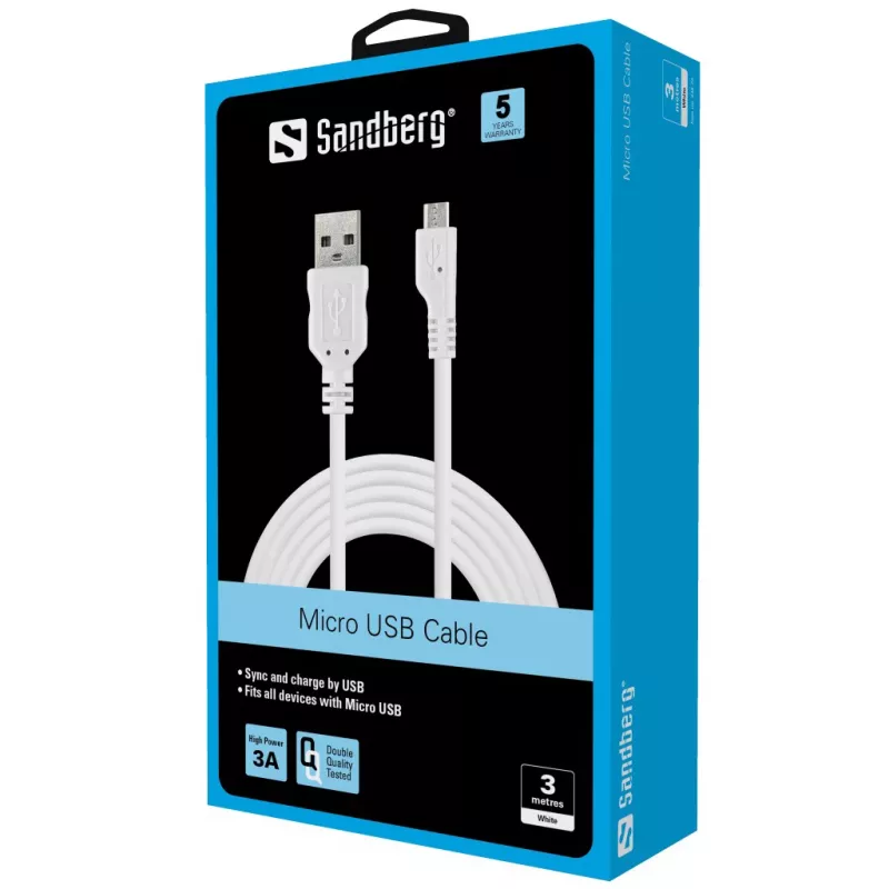 Sandberg MicroUSB sync-/oplaadkabel 3 m, 3 m, USB A, Micro-USB B, USB 2.0, stekker/stekker, wit
