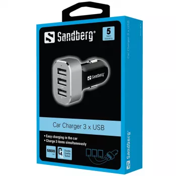 Sandberg Multi Car Charger 3xUSB, auto, sigarettenaansteker, USB, 5 V, zwart, zilver