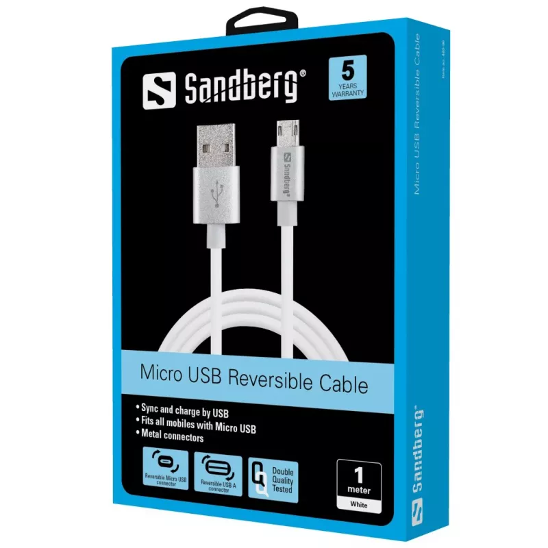 Sandberg MicroUSB omkeerbare kabel 1m, 1 m, USB A, Micro-USB A, zilver, wit