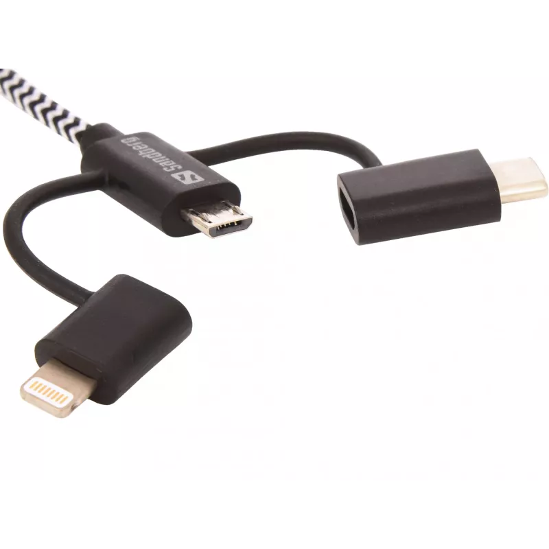 Sandberg 3in1 Lightning+MicroUSB+USB-C 1m, 1 m, Micro-USB A, USB A, stekker/stekker, zwart, grijs