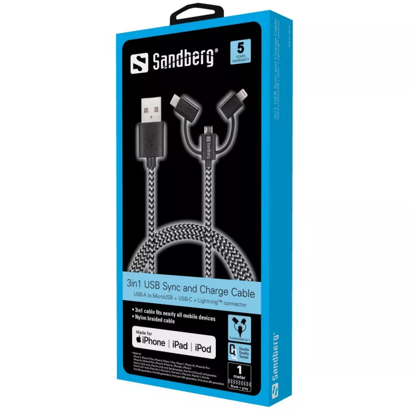 Sandberg 3in1 Lightning+MicroUSB+USB-C 1m, 1 m, Micro-USB A, USB A, stekker/stekker, zwart, grijs