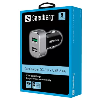 Sandberg autolader 1xQC 3.0+1xUSB2.4A, auto, sigarettenaansteker, 12 V, aluminium, zwart