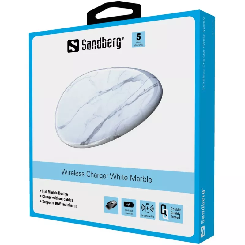 Sandberg Wireless Charger White Marble, USB, draadloos laden, PowerIQ, 1 m, zwart, wit