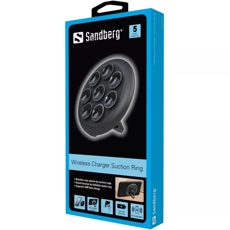 Sandberg draadloze oplader zuigring, binnen, buiten, USB, draadloos laden, PowerIQ, zwart