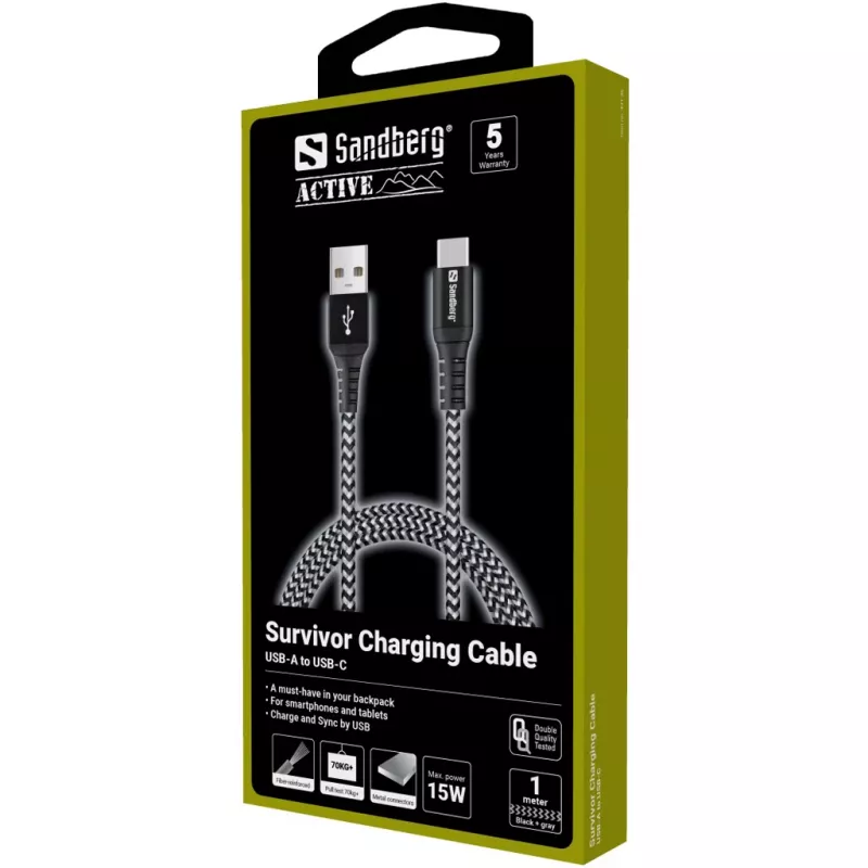 Sandberg Survivor USB-C—USB-A-kabel 1 m, 1 m, USB A, USB C, USB 2.0, zwart, grijs