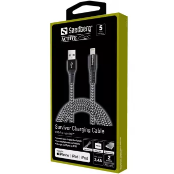 Sandberg Survivor Lightning kabel 2 m, 2 m, Lightning, USB A, stekker, stekker, zwart, grijs