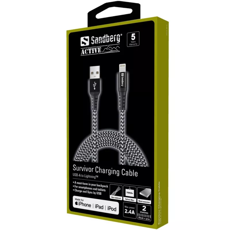 Sandberg Survivor Lightning kabel 2 m, 2 m, Lightning, USB A, stekker, stekker, zwart, grijs