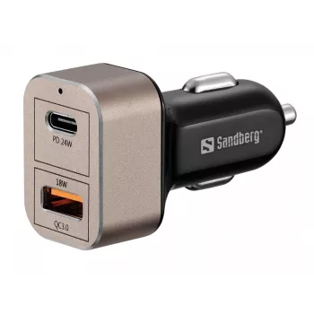 Sandberg autolader 1xQC3.0+1xUSBC 24W, auto, sigarettenaansteker, 12 V, zwart, grijs