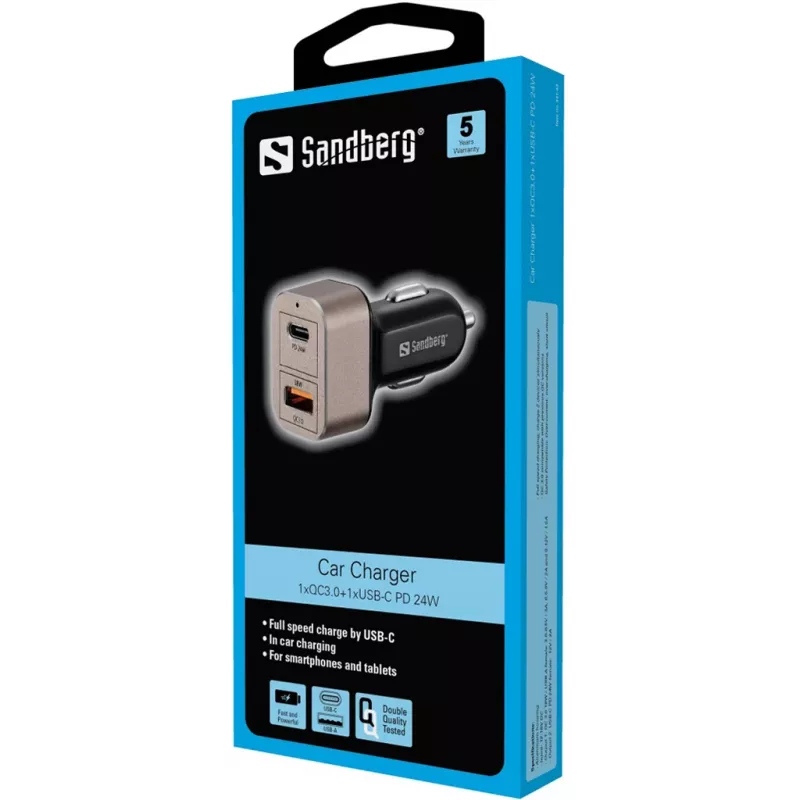 Sandberg autolader 1xQC3.0+1xUSBC 24W, auto, sigarettenaansteker, 12 V, zwart, grijs