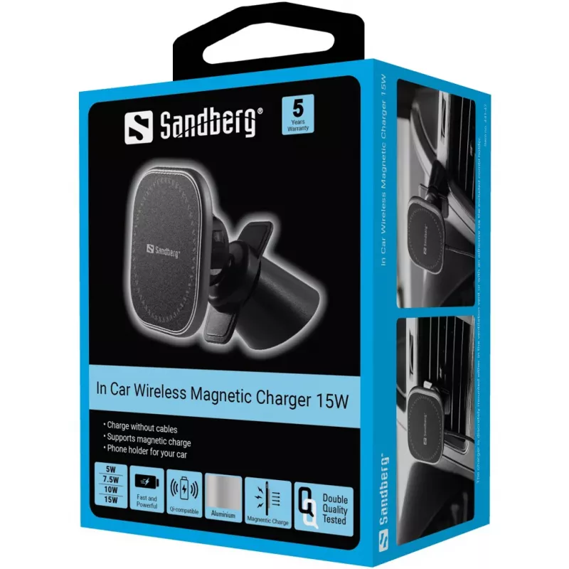 Sandberg draadloze magnetische auto-oplader 15W, auto, USB, draadloos laden, 1,2 m, zwart