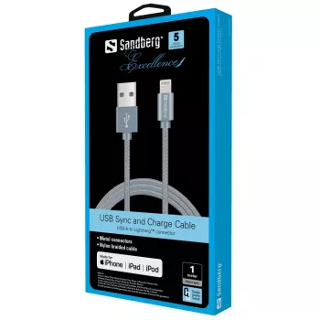 Sandberg Excellence Lightning grijs 1m, 1 m, Lightning, USB A, grijs, recht, recht