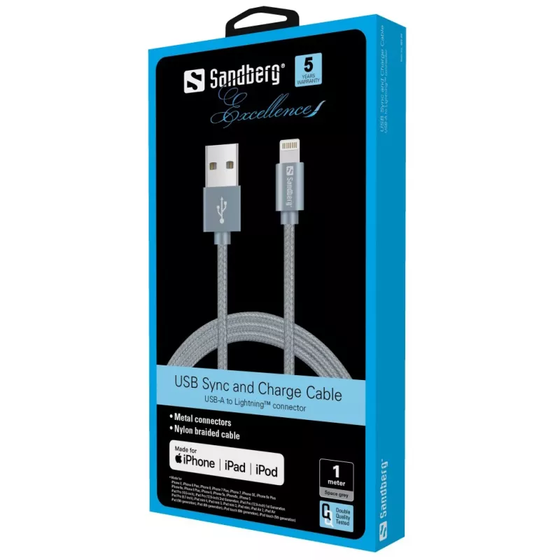 Sandberg Excellence Lightning grijs 1m, 1 m, Lightning, USB A, grijs, recht, recht