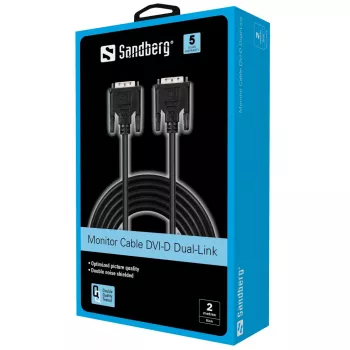 Sandberg monitorkabel DVI-DVI 2 m, 2 m, zwart, stekker/stekker, 145 mm, 35 mm, 205 mm