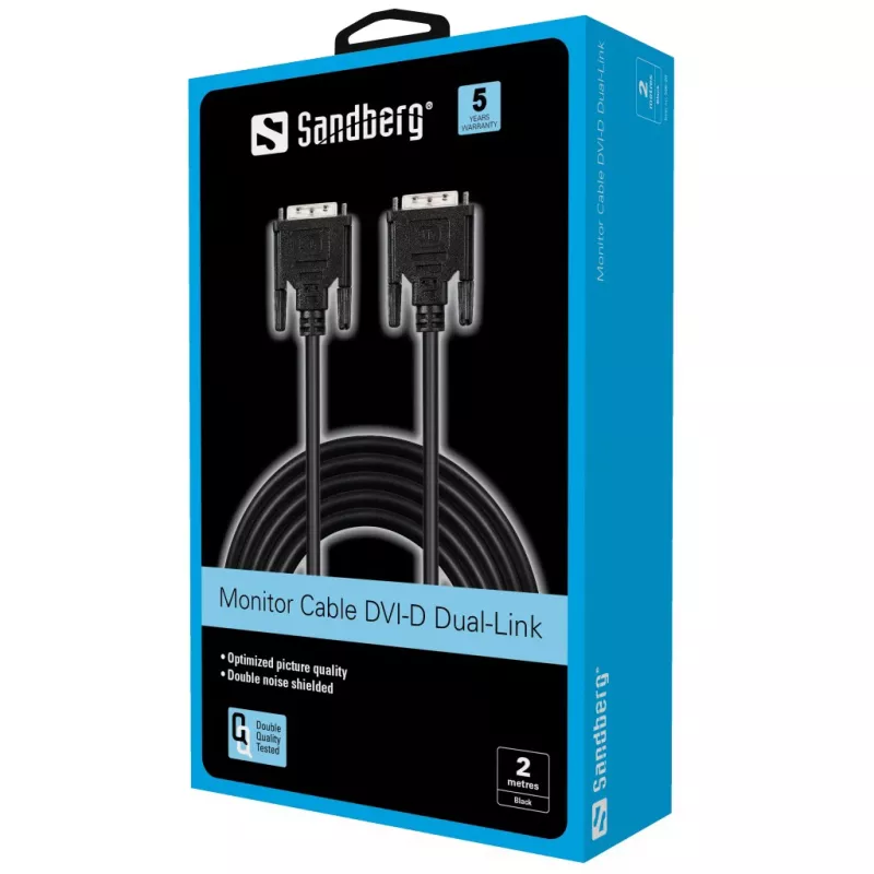 Sandberg monitorkabel DVI-DVI 2 m, 2 m, zwart, stekker/stekker, 145 mm, 35 mm, 205 mm
