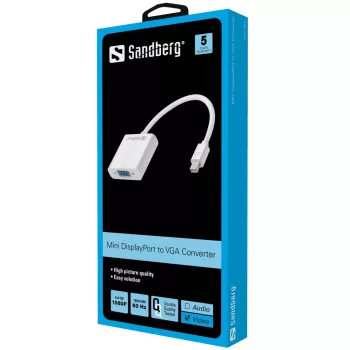 Sandberg adapter Mini DisplayPort>VGA, Mini DisplayPort, VGA (D-Sub), stekker, bus, 1920 x 1080 pixel, 1920 x 1080 (HD 1080)