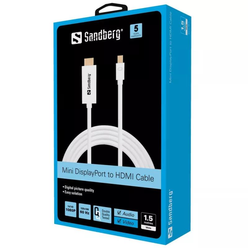 Sandberg kabel MiniDP > HDMI 1,5 m, 1,5 m, Mini DisplayPort, HDMI, stekker, stekker, wit