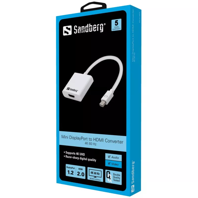 Sandberg adapter MiniDP1.2>HDMI2.0 4K60, Mini DisplayPort, HDMI, stekker, bus, 3840 x 2160 pixel, 6 Gbit/s