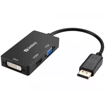 Sandberg adapter DP>HDMI+DVI+VGA, 0,19 m, DisplayPort, VGA (D-Sub)+ HDMI + DVI, stekker, bus, 3840 x 2160 pixel