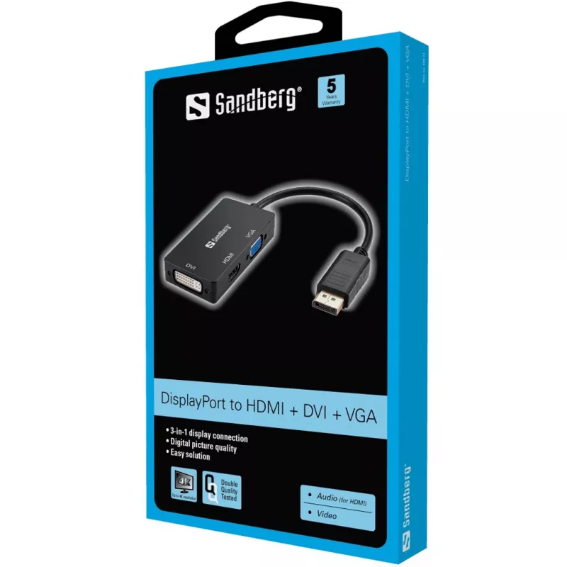 Sandberg adapter DP>HDMI+DVI+VGA, 0,19 m, DisplayPort, VGA (D-Sub)+ HDMI + DVI, stekker, bus, 3840 x 2160 pixel