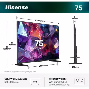 Hisense 75E7S PRO tv 189 cm (75 inch) UHD+ smart-tv Wi-Fi zwart 350 cd/m²