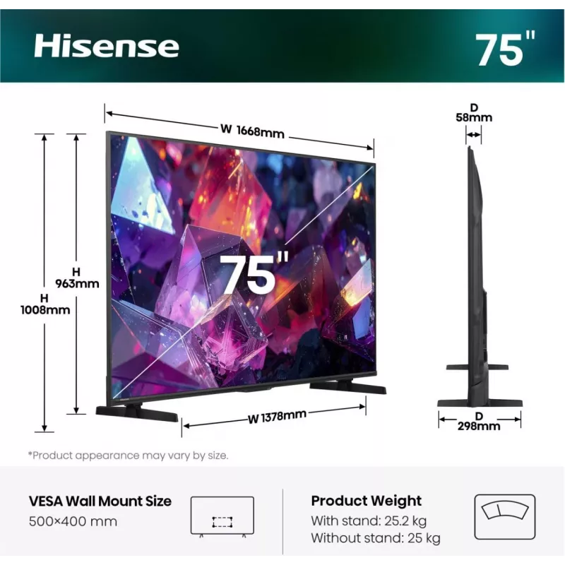 Hisense 75E7S PRO tv 189 cm (75 inch) UHD+ smart-tv Wi-Fi zwart 350 cd/m²