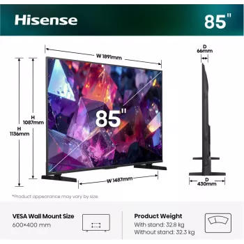 Hisense 85E7S PRO tv 2,16 m (85 inch) UHD+ smart-tv Wi-Fi zwart 400 cd/m²